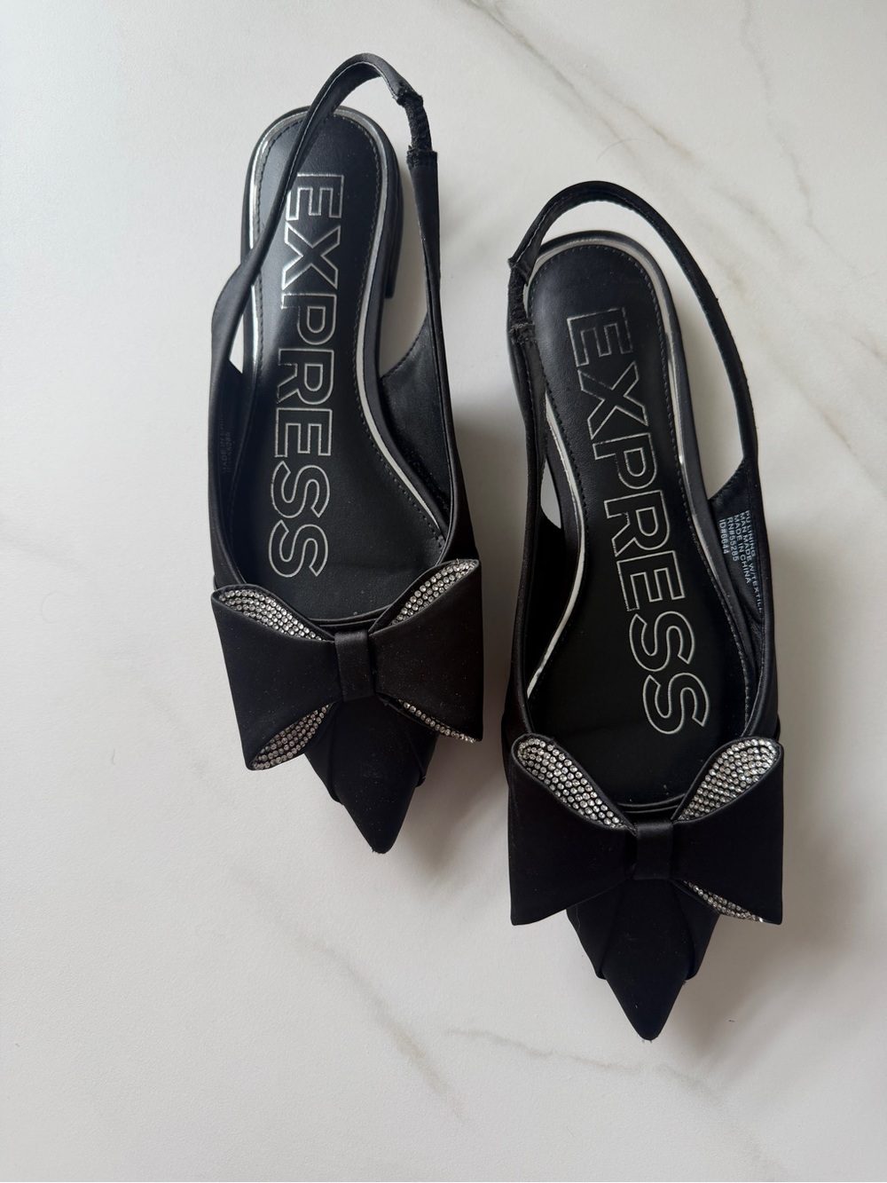 Express Black Bow Slingback Pointed Flats with Rhinestone Trim